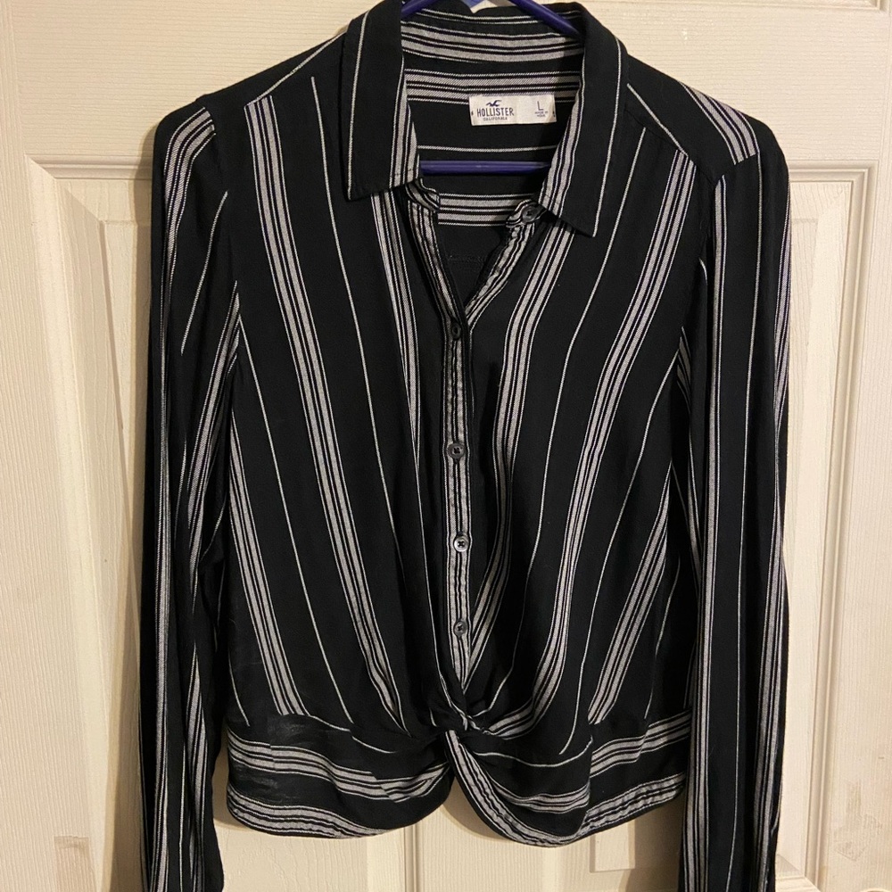 Crop long sleeve striped button down shirt